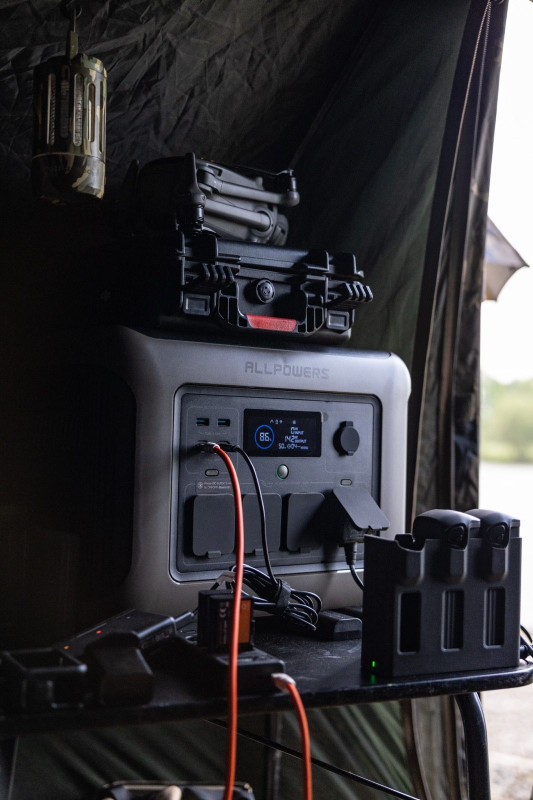 AllPowers power station running off-grid in the bivvy
