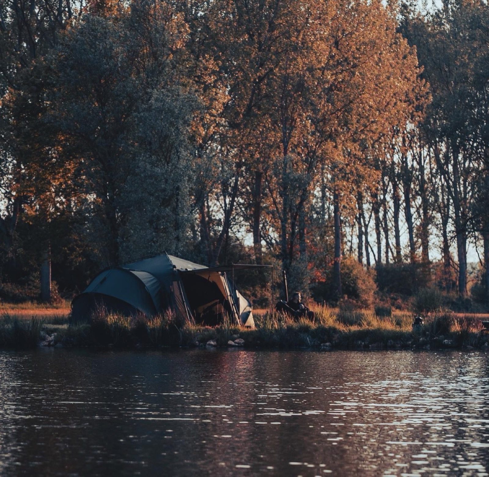 Nash bivvy set up in autumn, lakeside